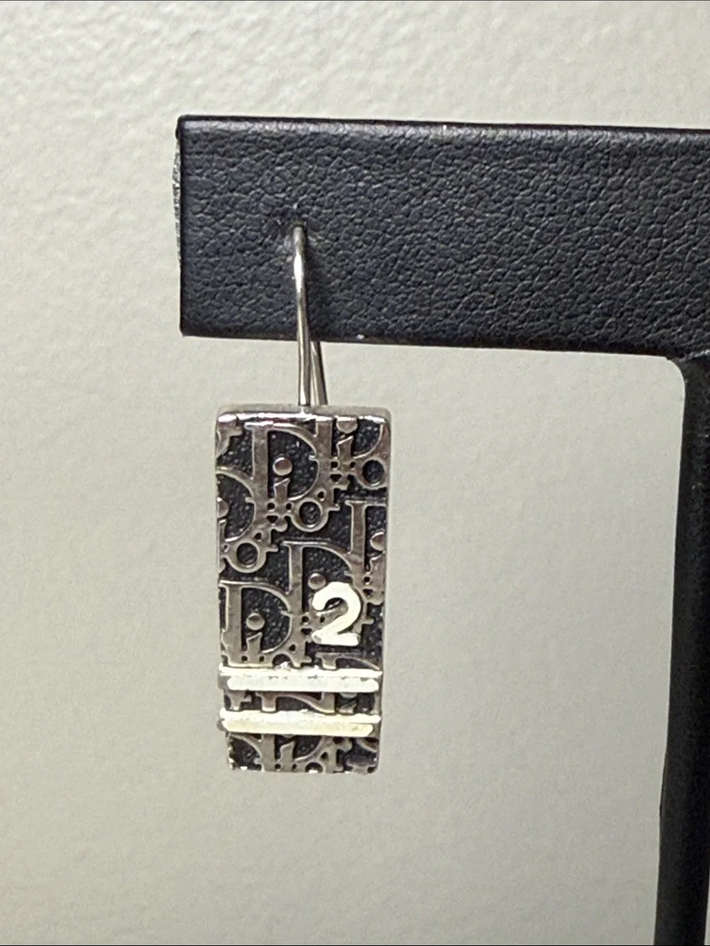 Christian Dior Oblique Trotter Logo Silver Tone Pierced Drop Earrings